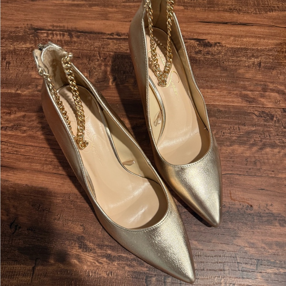 Women's Elegant Gold Chain-Embellished Pump Heels Shoes US 9.5